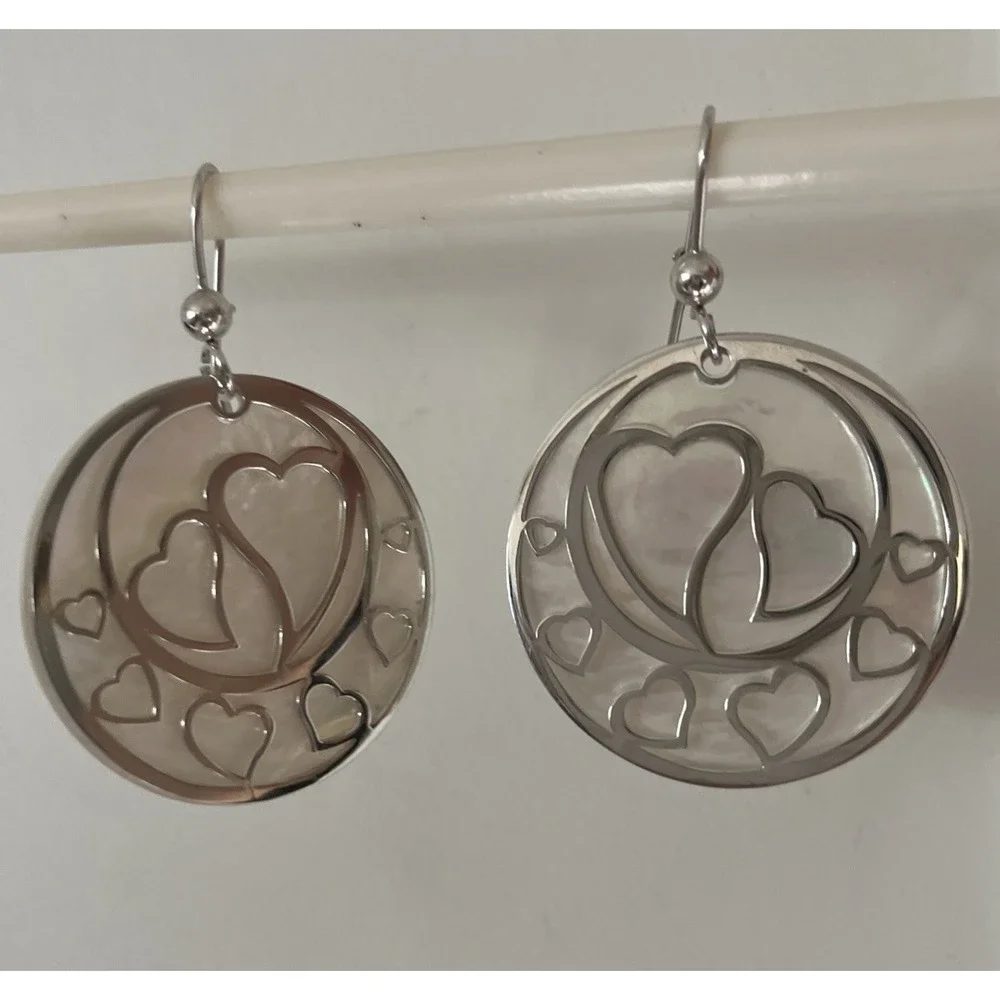 14K White Gold Italian Heart Filigree Drop Earrings w/ Mother of Pearl Disc - Picture 1 of 6